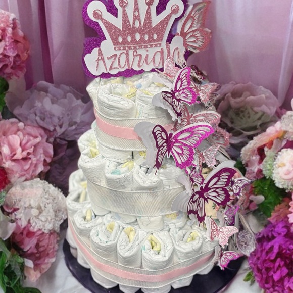 Pink and White Diaper Cake with Butterfly Decorations